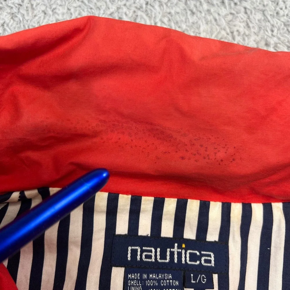 Vintage Nautica Harrington Red Full Zip Hooded Bomber Jacket L Striped Lining